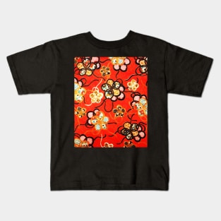 STYLIZED FLOWERS ,BLACK WHITE RIBBONS IN BRIGHT RED Antique Japanese Floral Kids T-Shirt